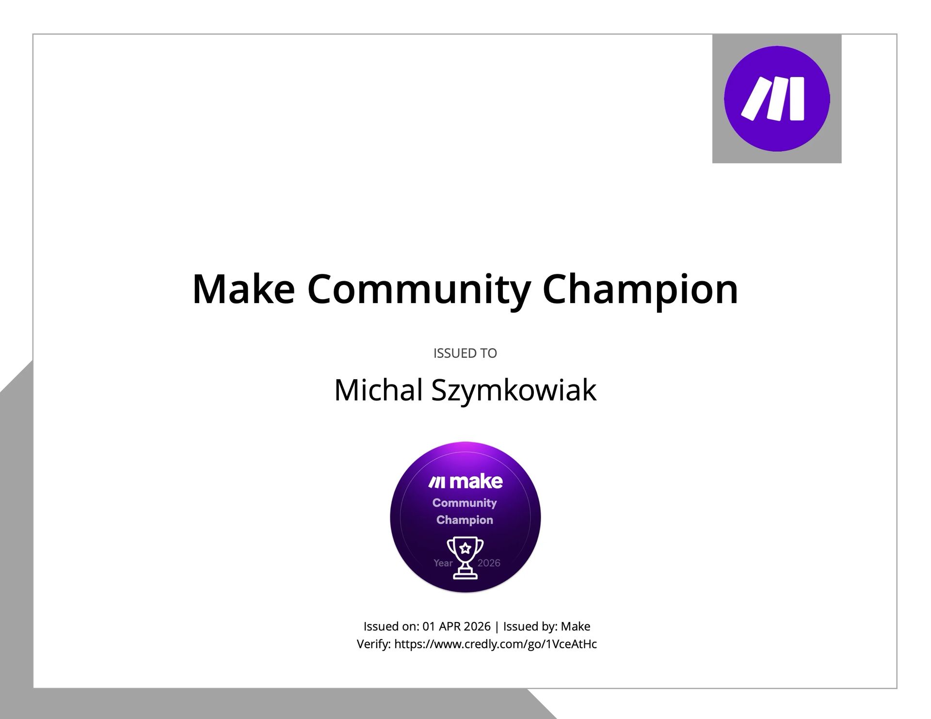 Michal Szymkowiak Simplymation Make.com Community Champion Certificate